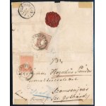 ca 1860 5kr Type I (vízszintes hajtásnyom) az előoldalon + 10kr Type I hátoldalon, távolsági ajánlott levélen ...