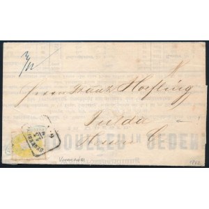 1862 2kr sárga, kék cégbélyegzővel előérvénytelenítve, külföldre küldött nyomtatványon (tartalommal, lerövidítve...