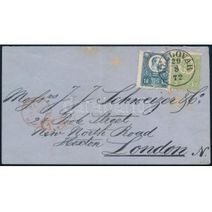 1871 Kőnyomat 3kr + Réznyomat 10kr vegyes bérmentesítés levélen Bellovárról Angliába / Litho 3kr ...