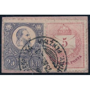 1871 Réznyomat 25kr + 1874 Színesszámú 5kr kivágáson, Postautalvány pénztár bélyegzéssel ...