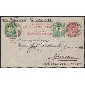 1888 5kr díjjegyes kétnyelvű zárt levelezőlap 2 x 3kr díjkiegészítéssel a kisázsiai (ma Örményország) Amasiaba...
