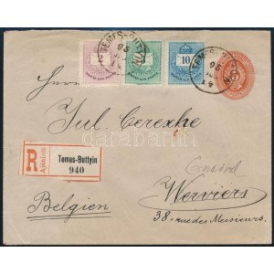 1895 5kr díjjegyes boríték 2kr + 3kr + 10kr díjkiegészítéssel ajánlott levélként TEMES-BUTTYIN a belgiumi Verviersbe...