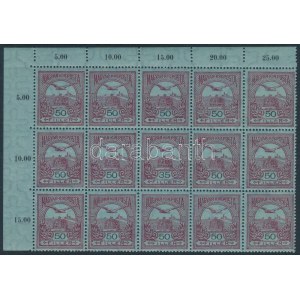 1913 Turul 50f ívsarki 15-ös tömb, benne 35f tévnyomat (130.000) (3 db 50f bélyeg falcos) / Mi 121 corner block of 15...