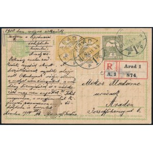 1914 5f díjjegyes helyi ajánlott levelezőlap 3 bélyeges kiegészítéssel / Local registered PS...