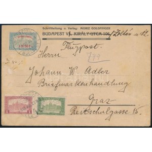 1918 július 23. Légiposta levelezőlap 3,30K bérmentesítéssel (Repülő posta 1,50K bélyeggel) Budapestről Grazba ...