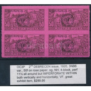 Debrecen II. 1920 Segélybélyeg 50f középen fogazatlan négyestömb / Mi 100y block of 4 imperforate in the middle. Signed...