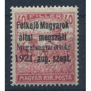 Nyugat-Magyarország I. 1921 Arató 40f próbanyomat. Signed: Bodor