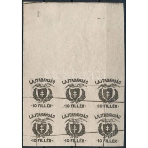 Nyugat-Magyarország VII. 1921 10f fekete vágott próbanyomat hatostömbben, óriás ívszéllel, rajta fordított 1...
