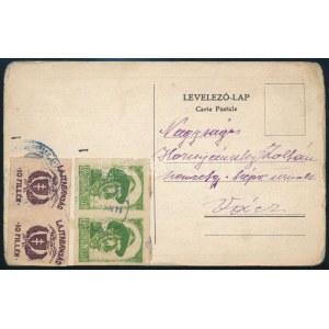 Nyugat-Magyarország VII. 1921 10f és 20f vágott párok képeslapon Vácra / Mi 69-70 imperforate pairs on postcard. Signed...