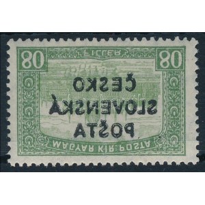 Posta Ceskoslovenska 1919 Parlament 80f magánfelülnyomású bélyeg fordított felülnyomással ...