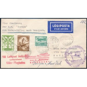 1934 Katapult légi levél Budapestről Kölnön át, majd az Europa hajón az Egyesült Államokba ...