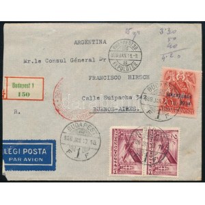 1939 Ajánlott légi levél Argentínába 4,20P bérmentesítéssel, közte Repülő III. 2P pár ...