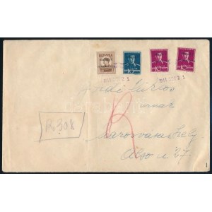 1944 Marosvásárhely helyi ajánlott levél négy darab felülnyomott bélyeggel, és kézzel rajzolt ragjeggyel ...