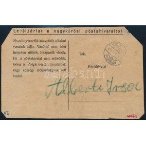 1945.02.02. Levélzárlat a nagykőrösi postahivataltól (a posta szó hosszú Ó-val) Albertirsára ...