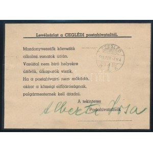 1945.02.07. Levélzárlat a ceglédi postahivataltól (úttőrök elírással a szövegben) Albertirsára (Monográfia V. 223...