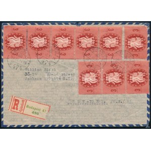 1946 (7. díjszabás) Ajánlott levél Köztársasági emlék 15 x 3ezerP bérmentesítéssel New Yorkba küldve ...