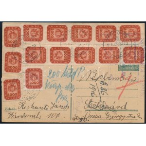 1946 (21. díjszabás) Levelezőlap 1.000 milpengő + 13 x 3.000 milpengő bérmentesítve ...