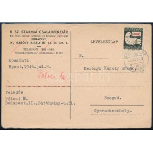 1946 (24. díjszabás) Galambos 100.000 billió P bélyeg levelezőlapon, túlbérmentesítve...