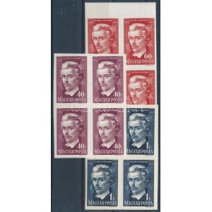 1949 Petőfi II. vágott sor négyestömbökben (32.000) / Mi 1045-1047 imperforate blocks of 4