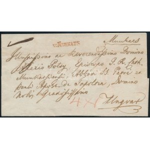 1827 Portós levél / unpaid cover piros / red v:MUNKATS - Ungvar