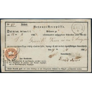 1863 Retour recepisse 10kr bélyeggel ABAÚJSZÁNTÓ + BEREGSZÁSZ