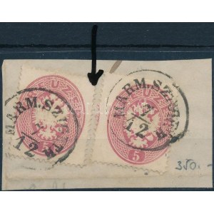 1863 2 x 5kr elfogazott bélyeg kivágáson / with shifted perforation on cutting MARM.SZIGETH