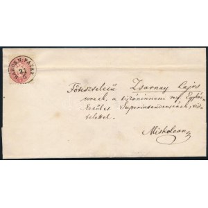 1865 5kr levélen / on cover SÁROS N:PATAK - Miskolc (regiszterhajtás / folded)