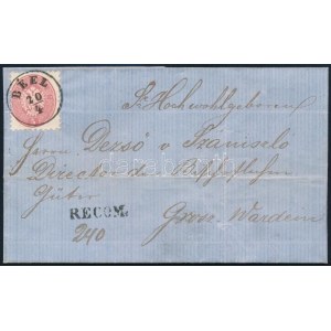 ~1865 3 x 5kr ajánlott levélen, az egyik 5kr bontásnál kettétépve / on registered cover, one of the 5kr stamps torn ...