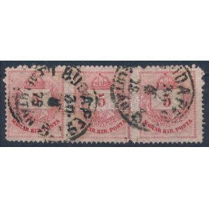 1874 5kr hármascsík, a jobb oldali bélyeg szélesebb / stripe of 3...