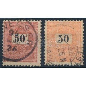 1889 2 db 50kr eltérő színárnyalatban, a téglavörös bélyegen szakadás / 2 x Mi 38 in colour varieties ...