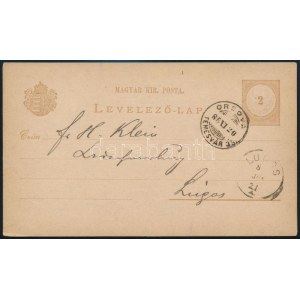 1885 2kr díjjegyes levelezőlap / 2kr PS-card ORSOVA / TEMESVÁR 35. vasúti bélyegzéssel / railway postmark ...