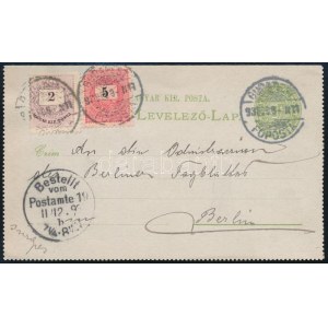 1893 Díjjegyes zárt levelezőlap 2kr + 5kr kiegészítő bérmentesítéssel Budapestről Berlinbe / PS-cover card with 2kr ...