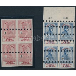1914 Hadi segély 1K és 2K fogazatlan gumi nélküli négyestömbök megsemmisítő lyukasztással / Mi 159 ...