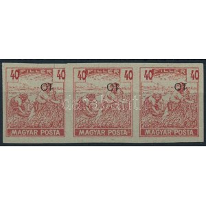 1919 Magyar Posta Arató 40f vágott hármascsík próbanyomat, eltolódott értékszámmal, vastagabb...