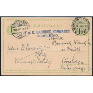 1915 Cenzúrás levelezőlap KÖRÖSMEZŐ-PÜSPÖKLADÁNY-BUDAPEST vasúti bélyegzéssel ...
