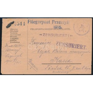 1915 Fliegerpost Przemysl cenzúrás tábori posta lap Kassára / Censored field postcard to Kassa