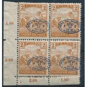 Debrecen I. 1919 Arató 2f négyestömb elcsúszott felülnyomással. Signed: Bodor