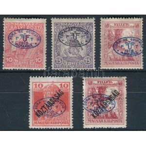 Debrecen 1919 5 db bélyeg, a Károly enyhén hullámos embléma felülnyomással, a Hadisegély...