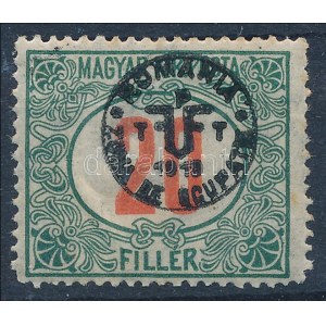 Debrecen II. 1919 A kiadás levél bélyegeinek fekete színű nyomáspróbája a piros számú portó 20f értékén (ablakos) ...