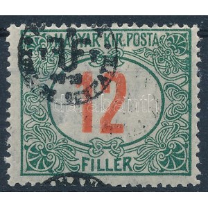 Debrecen II. 1919 A kiadás levél bélyegeinek fekete színű nyomáspróbája a piros számú portó 12f értékén (ablakos) ...