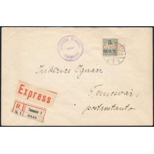 1919 Ajánlott expressz helyi Temesvár levél egy bélyeges bérmentesítéssel / Registered express cover. Signed...
