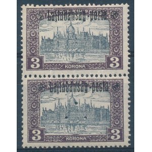 Nyugat-Magyarország III. 1921 Parlament 3K pár fordított golyó lemezhibával, az egyik bélyeg hármaslyukasztással ...