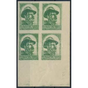 Nyugat-Magyarország VII. 1921 20f vágott ívsarki négyestömb, fordított 2-es számmal az ívszélen ...