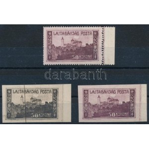 Nyugat-Magyarország VII. 1921 50K vágott fekete próbanyomat + vágott és ívszéli dupla fogazású bélyeg, mindegyik felhő...