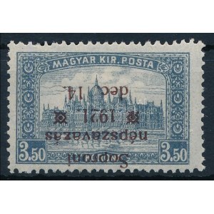 Nyugat-Magyarország VIII. 1921 Parlament 3,50K fordított felülnyomattal, Bodor vizsgálójellel / with inverted overprint...