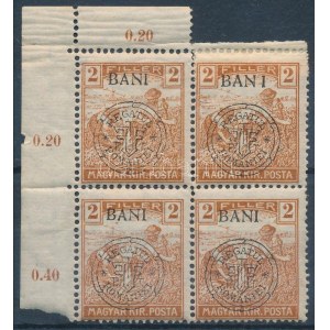 Kolozsvár 1919 Arató 2f négyestömb, benne BAN I lemezhiba / Mi 26 I. block of 4 with plate variety. Signed...