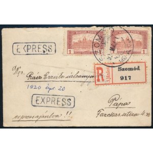 1920 Expressz ajánlott levél Arató 10f + 25f + 45f + Parlament 2 x 1K bérmentesítéssel ...