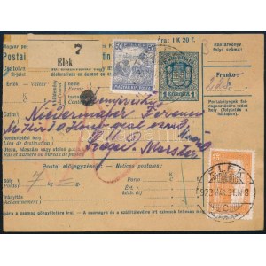 1923 Csomagszállító 225K bérmentesítéssel, az illeték 50f postabélyeggel kiegészítve / Parcel card with 225K franking...