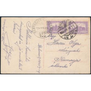 1924 Képeslap DEBRECZEN-NAGYVÁRAD vasúti bélyegzéssel / Postcard with railway postmark