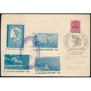 1940 Képeslap VI. Balatoni sporthét levélzárókkal / Postcard with labels